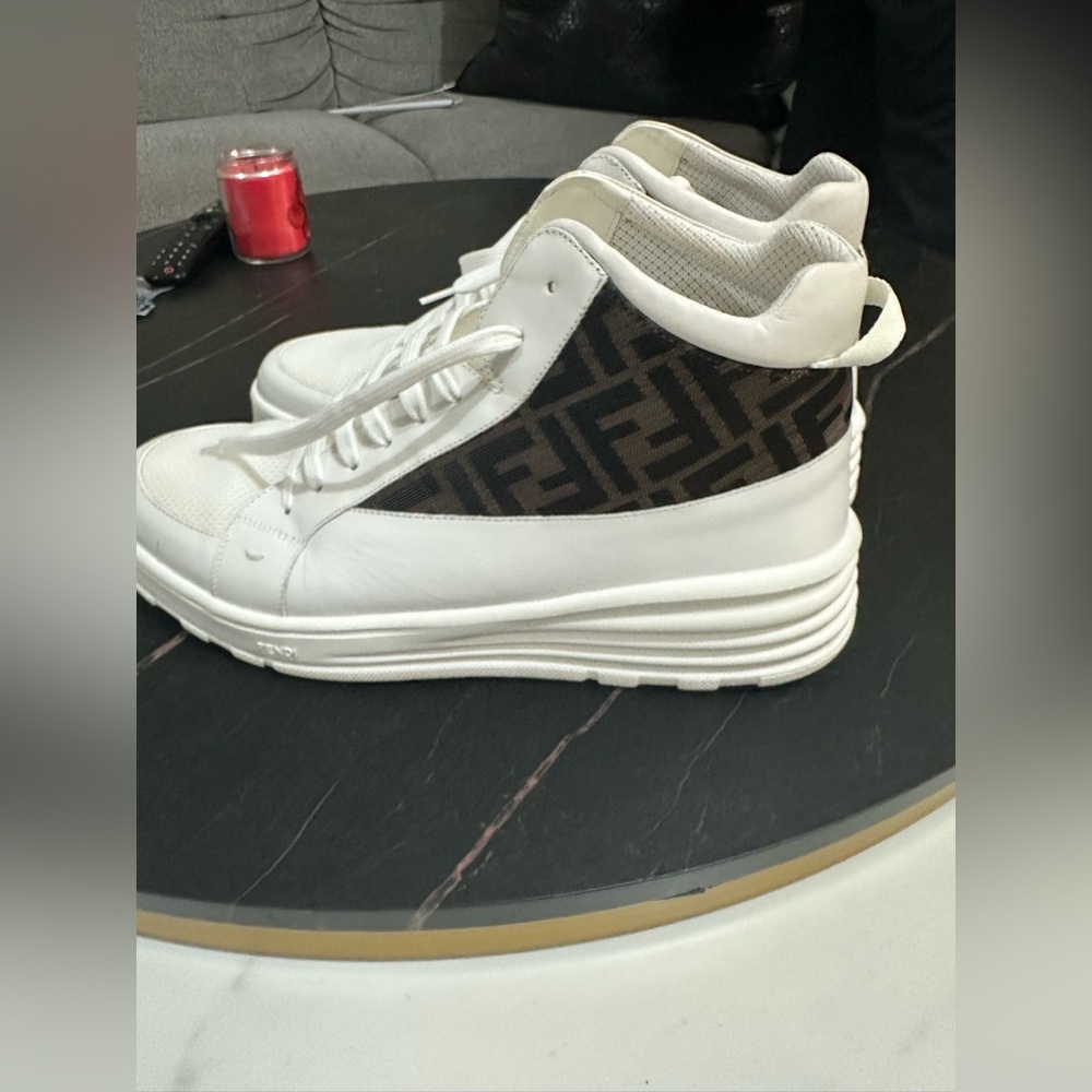 Fendi Men White and Brown High-Top Sneakers Size 13